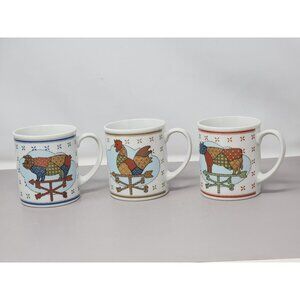 Set Of 3 Country Chicken & Cow Weathervane Mugs Patchwork‎ Design Ceramic
